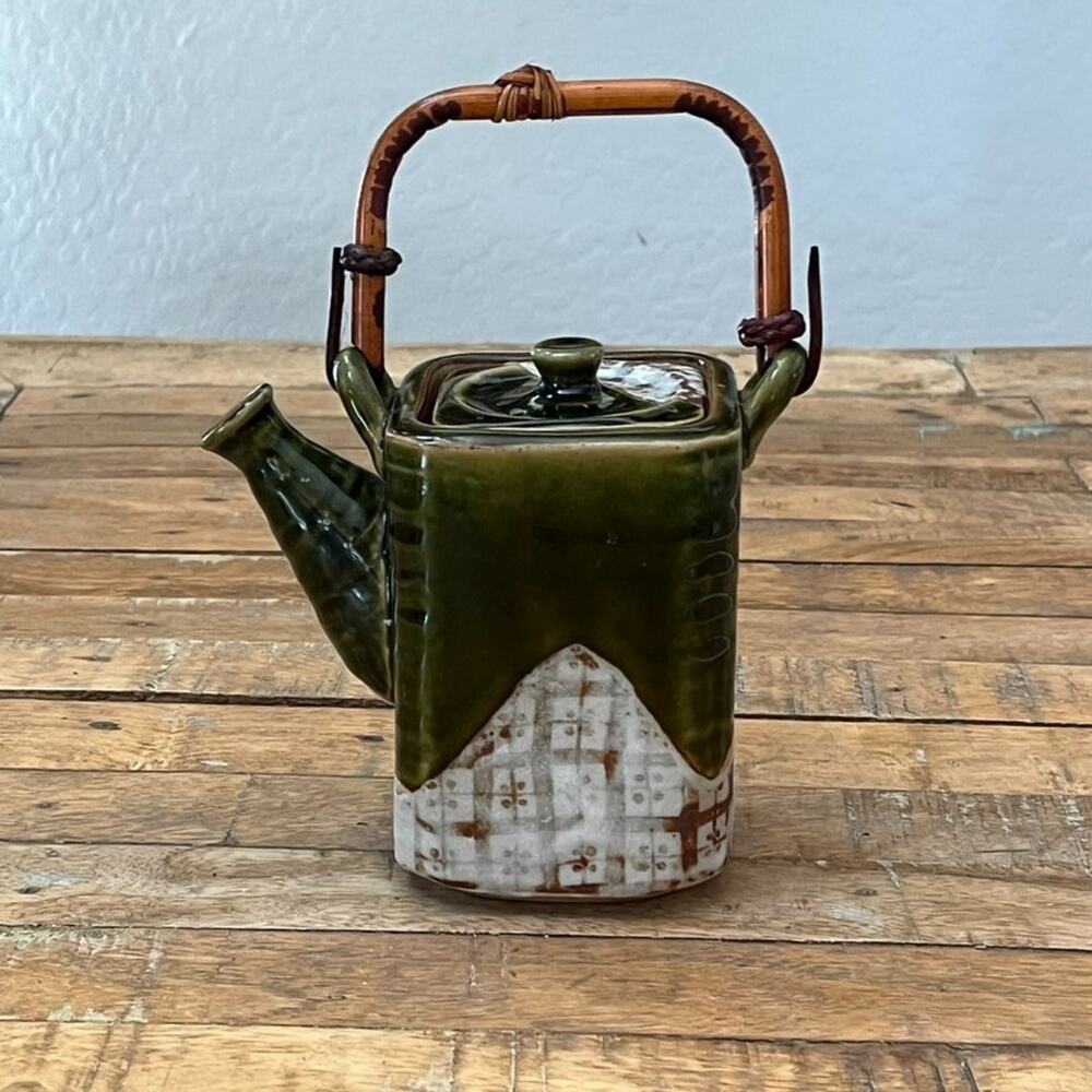 Japanese Seto ware Oribe Style Teapot Dark Green Gloss Finish Wood Handle